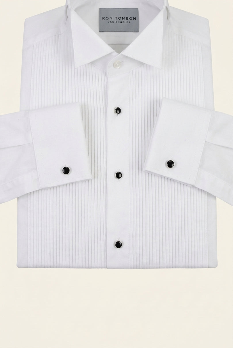 Pure Cotton Pleated Wing Tip Collar Shirt - White White - Detail