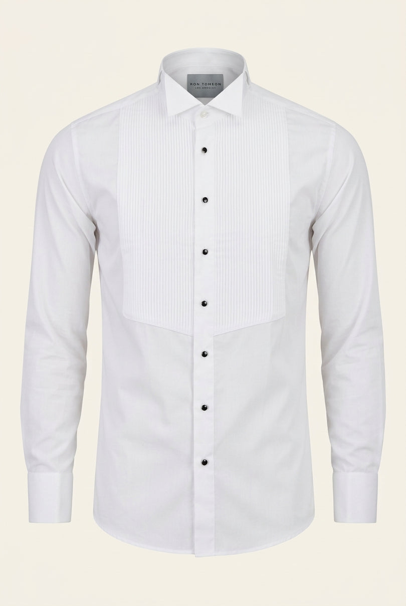 Pure Cotton Pleated Wing Tip Collar Shirt - White White - Front