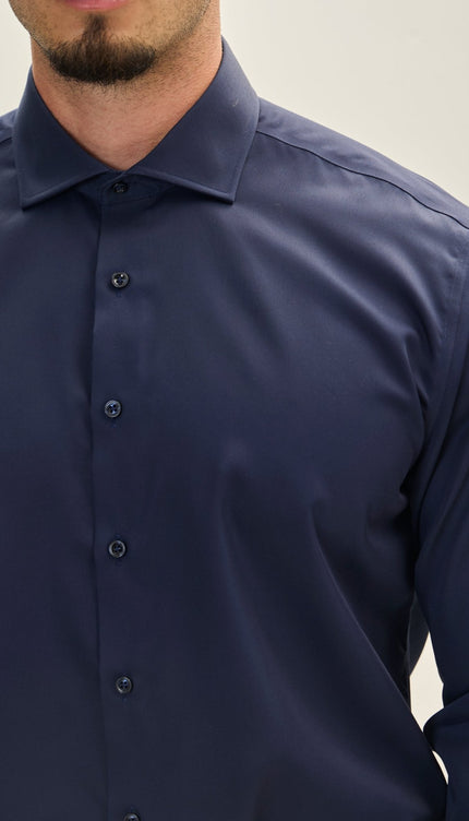 Pure Cotton Spread Collar Dress Shirt - Dark Navy - Ron Tomson