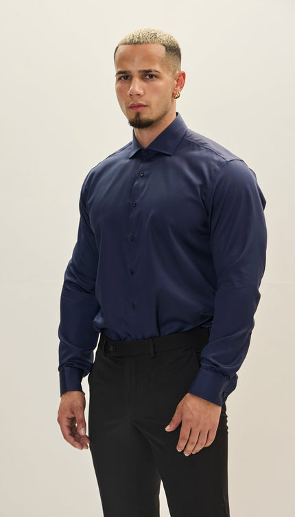 Pure Cotton Spread Collar Dress Shirt - Dark Navy - Ron Tomson