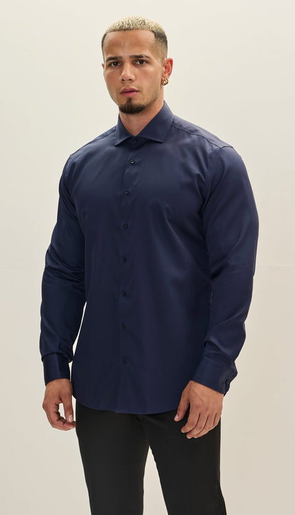 Pure Cotton Spread Collar Dress Shirt - Dark Navy - Ron Tomson