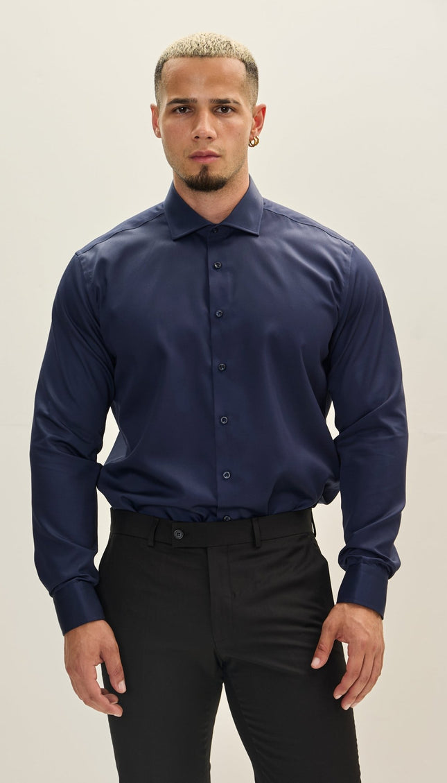 Pure Cotton Spread Collar Dress Shirt - Dark Navy - Ron Tomson