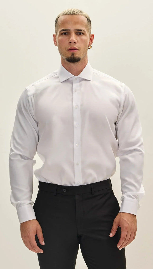 Pure Cotton Spread Collar Dress Shirt - White - Ron Tomson