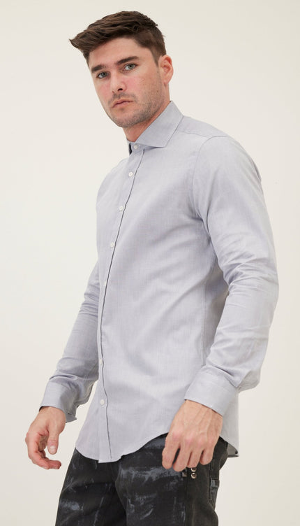 Pure Cotton Spread Collar Fitted Dress Shirt - Grey - Ron Tomson