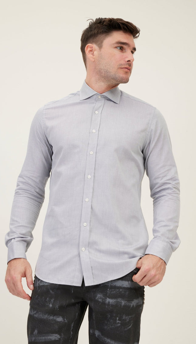Pure Cotton Spread Collar Fitted Dress Shirt - Grey - Ron Tomson