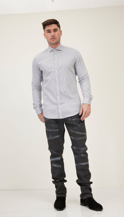 Pure Cotton Spread Collar Fitted Dress Shirt - Grey - Ron Tomson