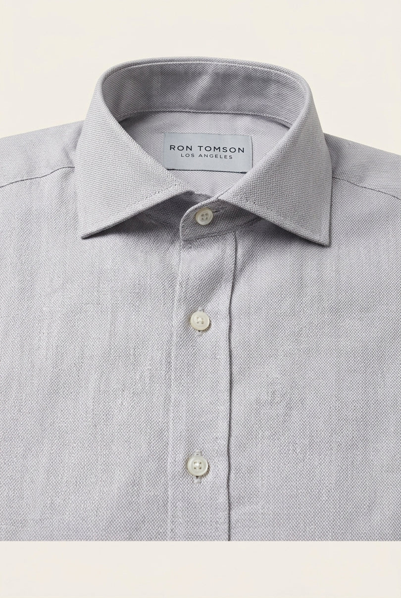 Pure Cotton Spread Collar Fitted Dress Shirt - Grey - Detail