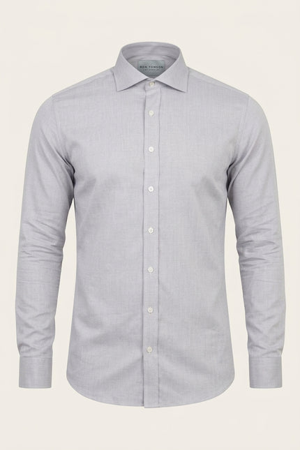 Pure Cotton Spread Collar Fitted Dress Shirt - Grey - Front