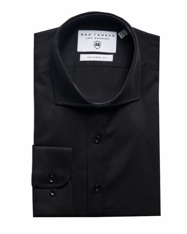 Pure Cotton Spread Collar Fitted Dress Shirt - Jet Black - Ron Tomson