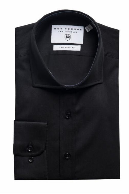 Pure Cotton Spread Collar Fitted Dress Shirt - Jet Black - Ron Tomson