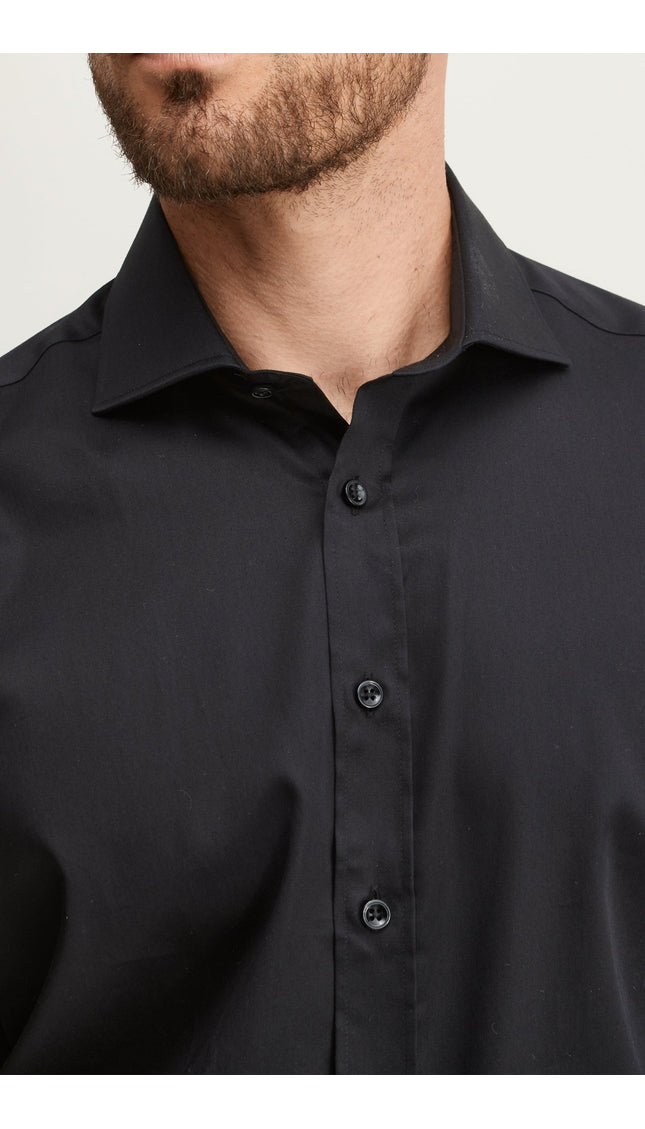Pure Cotton Spread Collar Fitted Dress Shirt - Jet Black - Ron Tomson