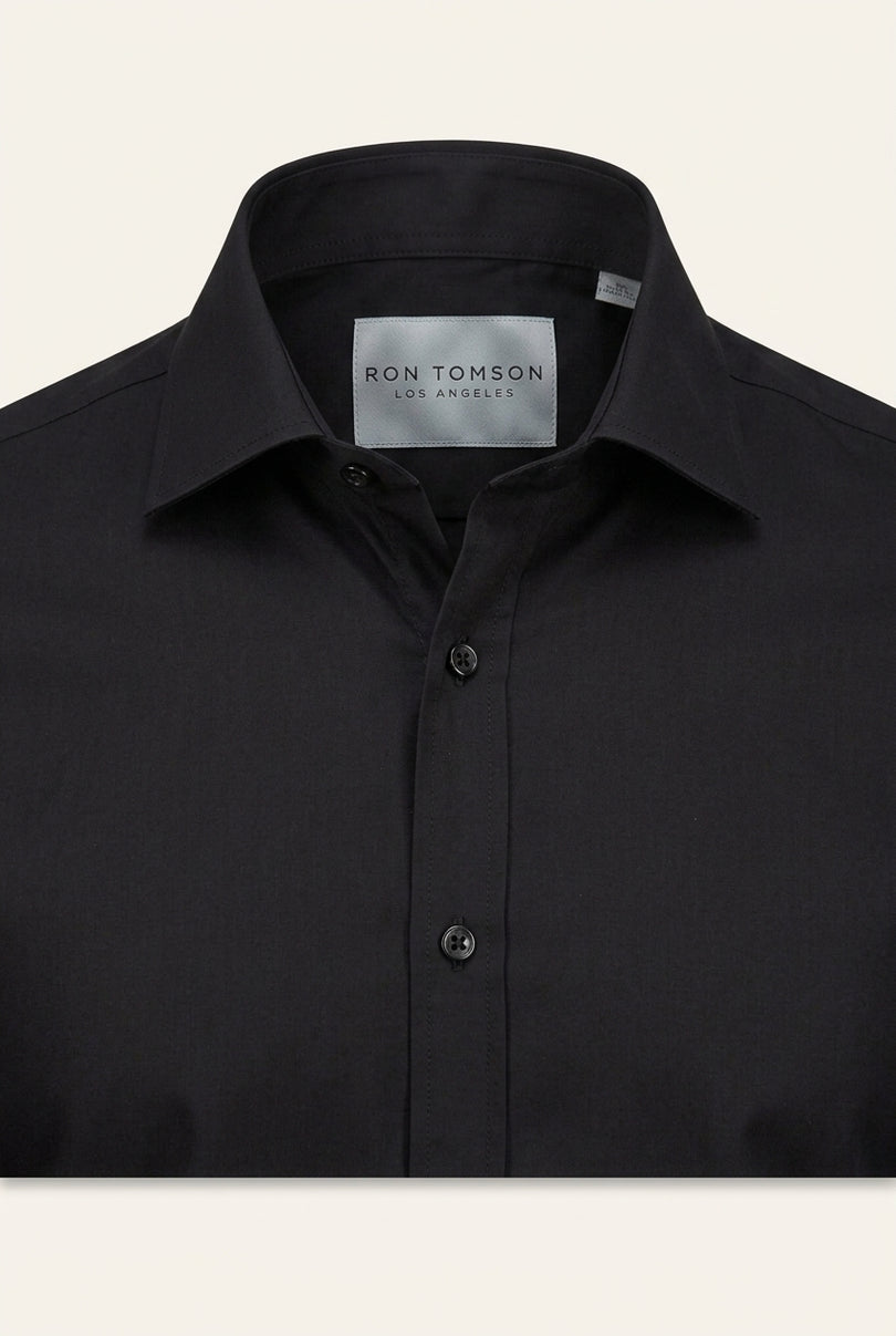 Pure Cotton Spread Collar Fitted Dress Shirt - Jet Black - Detail