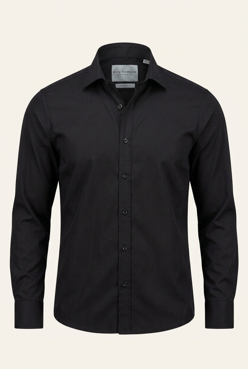 Pure Cotton Spread Collar Fitted Dress Shirt - Jet Black - Front (Alt)