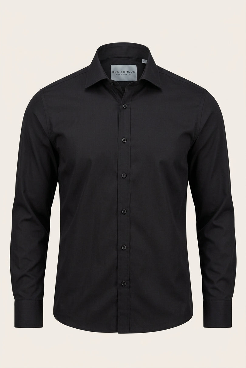 Pure Cotton Spread Collar Fitted Dress Shirt - Jet Black - Front