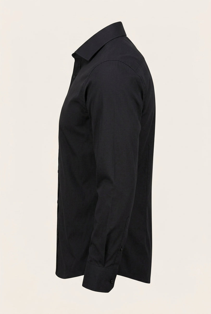 Pure Cotton Spread Collar Fitted Dress Shirt - Jet Black - Side