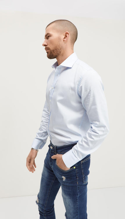 Pure Cotton Spread Collar Fitted Dress Shirt - Light Blue - Ron Tomson