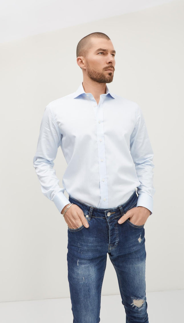 Pure Cotton Spread Collar Fitted Dress Shirt - Light Blue - Ron Tomson