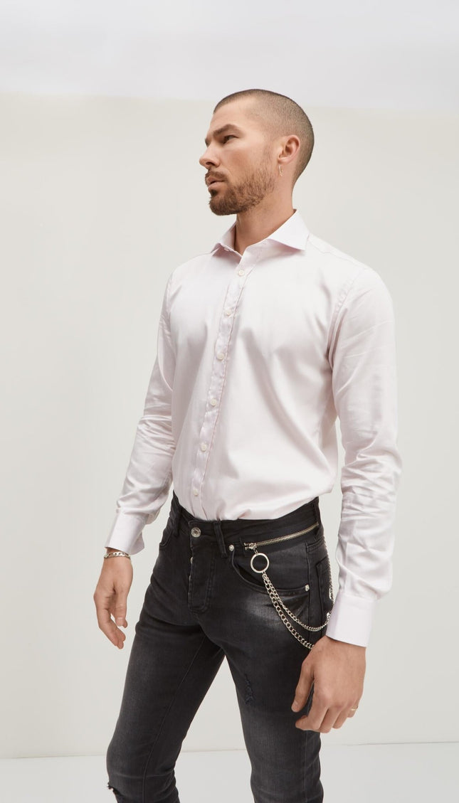 Pure Cotton Spread Collar Fitted Dress Shirt - Light Pink - Ron Tomson