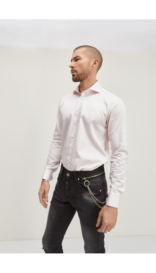 Pure Cotton Spread Collar Fitted Dress Shirt - Light Pink - Ron Tomson