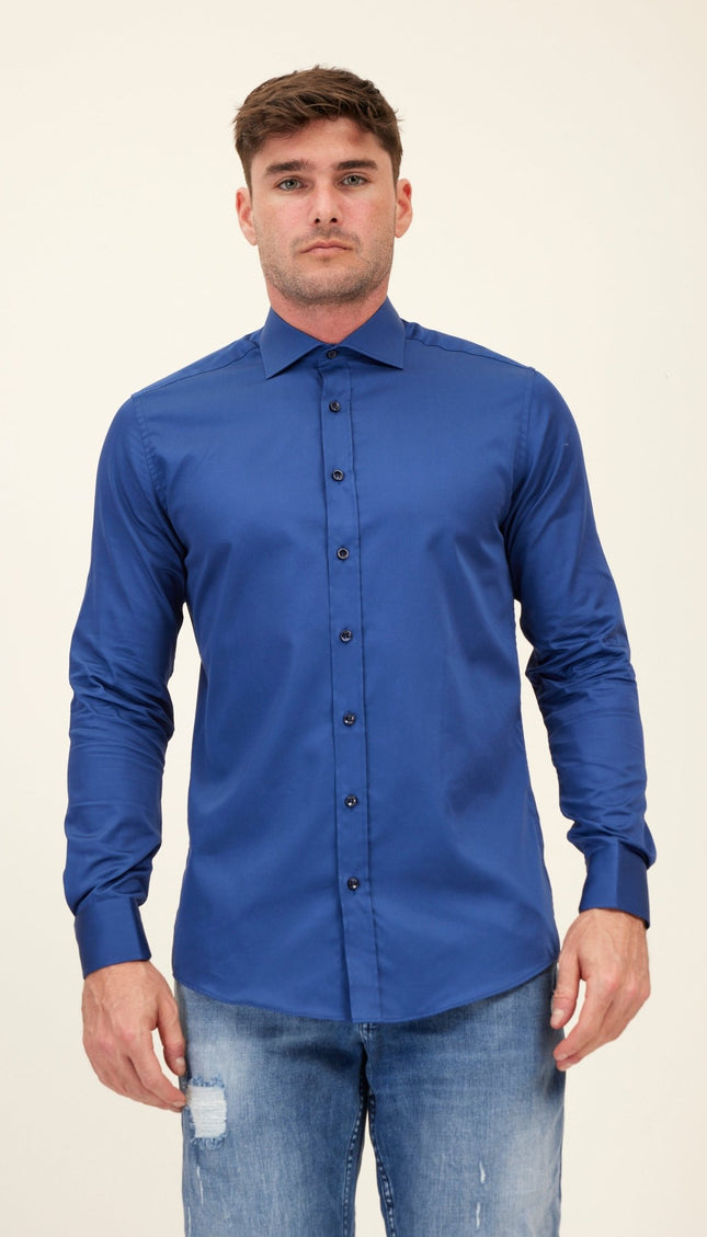Pure Cotton Spread Collar Fitted Dress Shirt - Navy - Ron Tomson