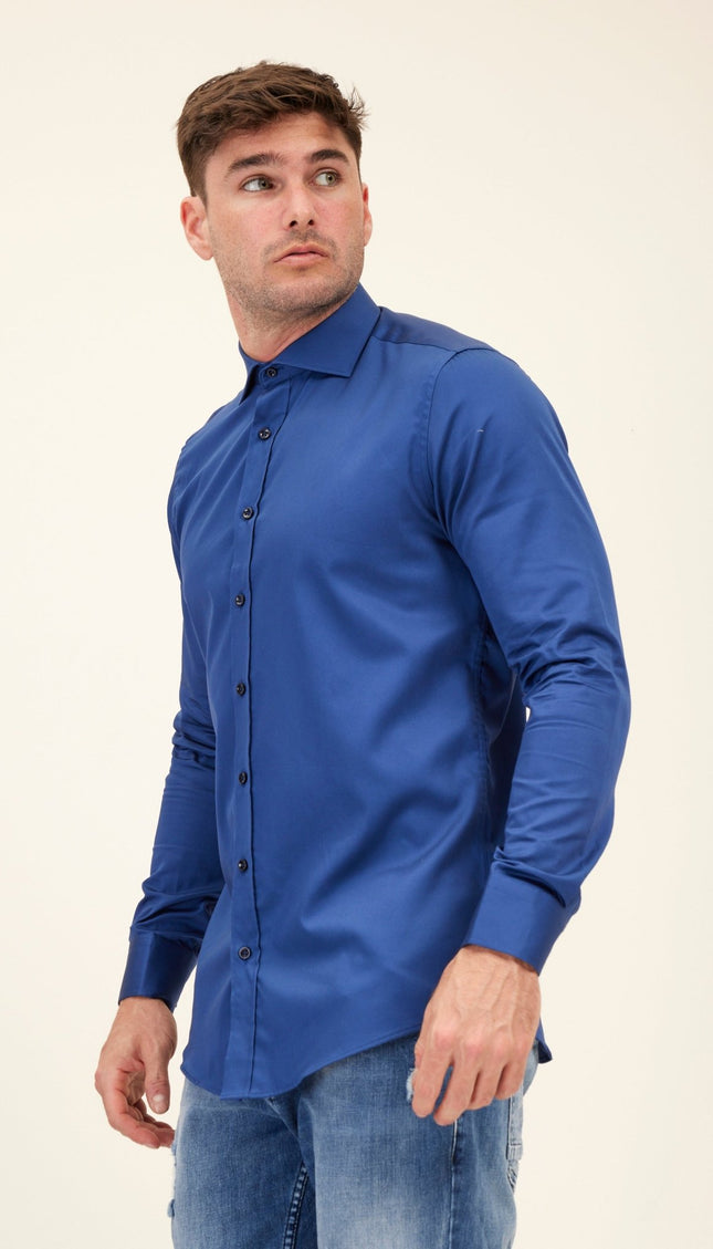 Pure Cotton Spread Collar Fitted Dress Shirt - Navy - Ron Tomson