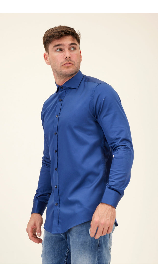 Pure Cotton Spread Collar Fitted Dress Shirt - Navy - Ron Tomson