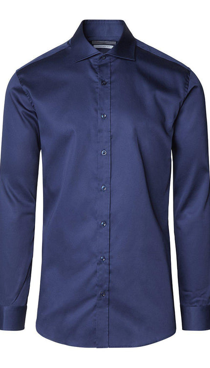 Pure Cotton Spread Collar Fitted Dress Shirt - Navy - Ron Tomson