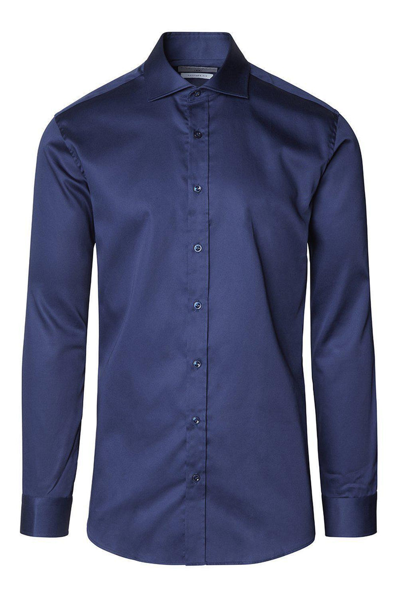 Pure Cotton Spread Collar Fitted Dress Shirt - Navy - Ron Tomson