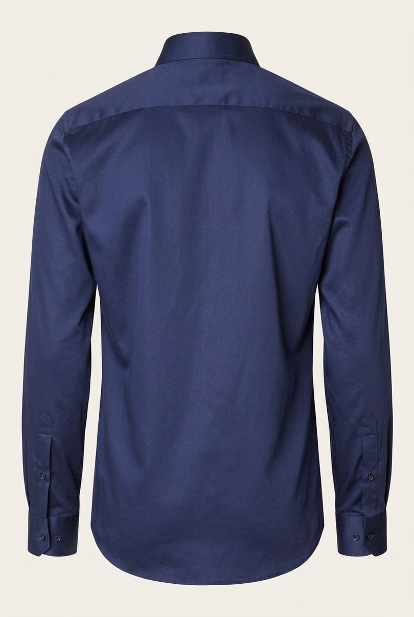 Pure Cotton Spread Collar Fitted Dress Shirt - Navy - Back