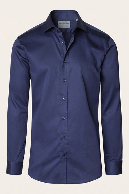 Pure Cotton Spread Collar Fitted Dress Shirt - Navy - Front (Alt)