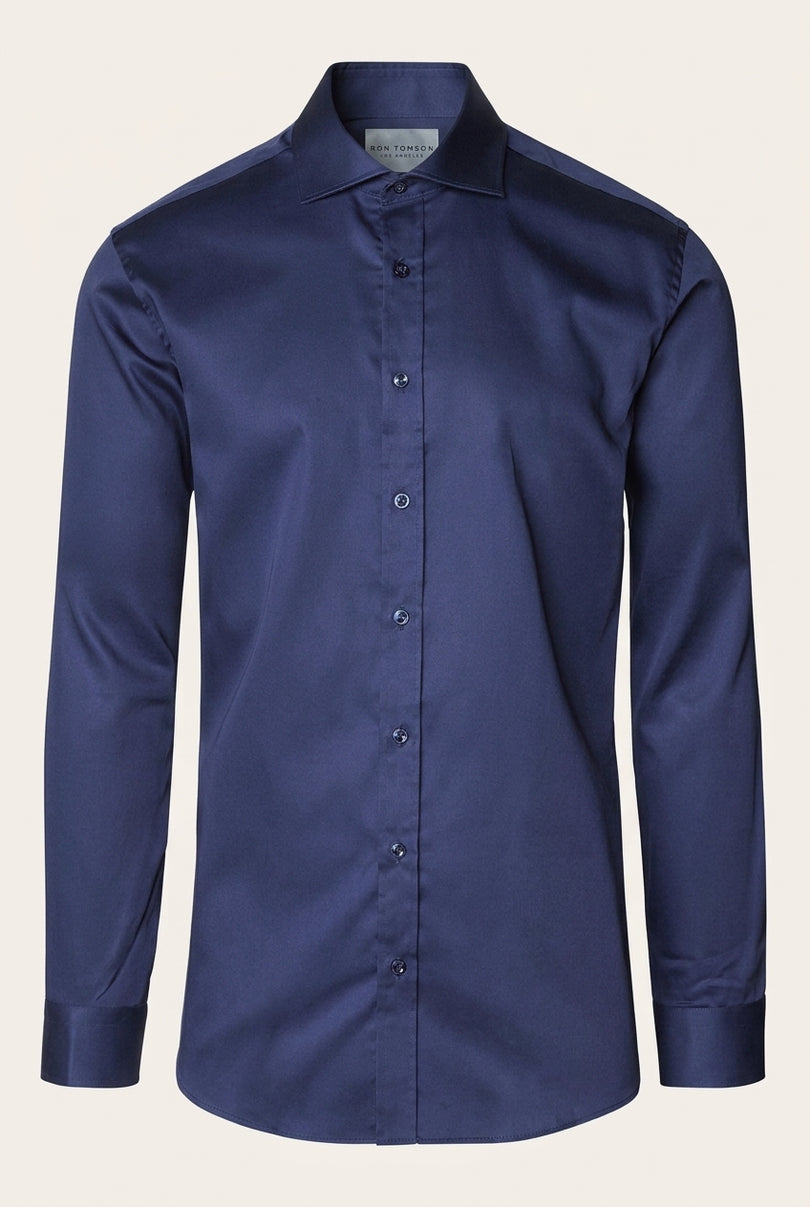 Pure Cotton Spread Collar Fitted Dress Shirt - Navy - Front