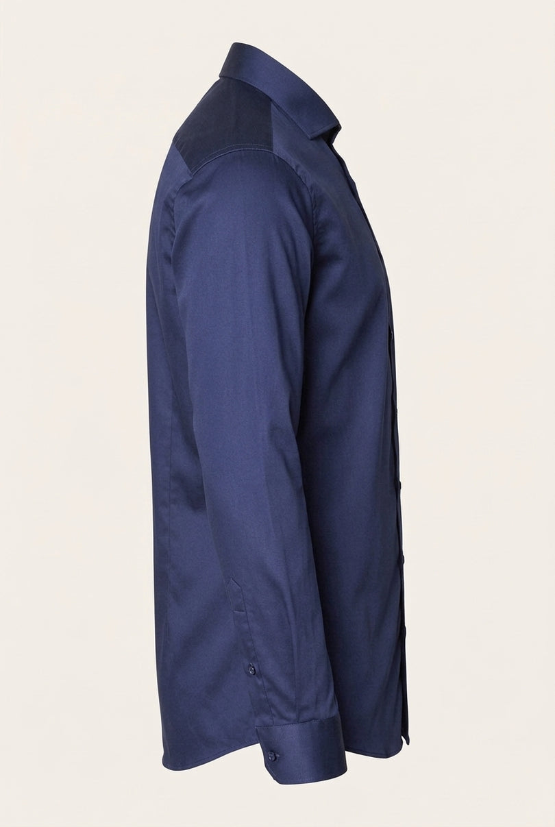 Pure Cotton Spread Collar Fitted Dress Shirt - Navy - Side