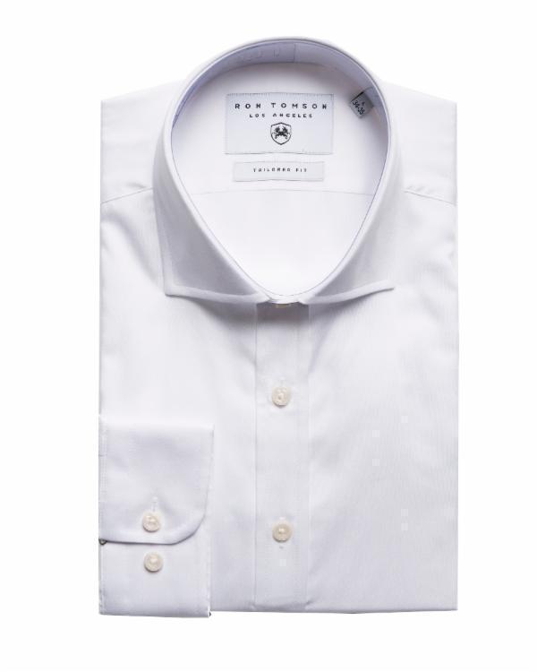 Pure Cotton Spread Collar Fitted Dress Shirt - Optic White - Ron Tomson