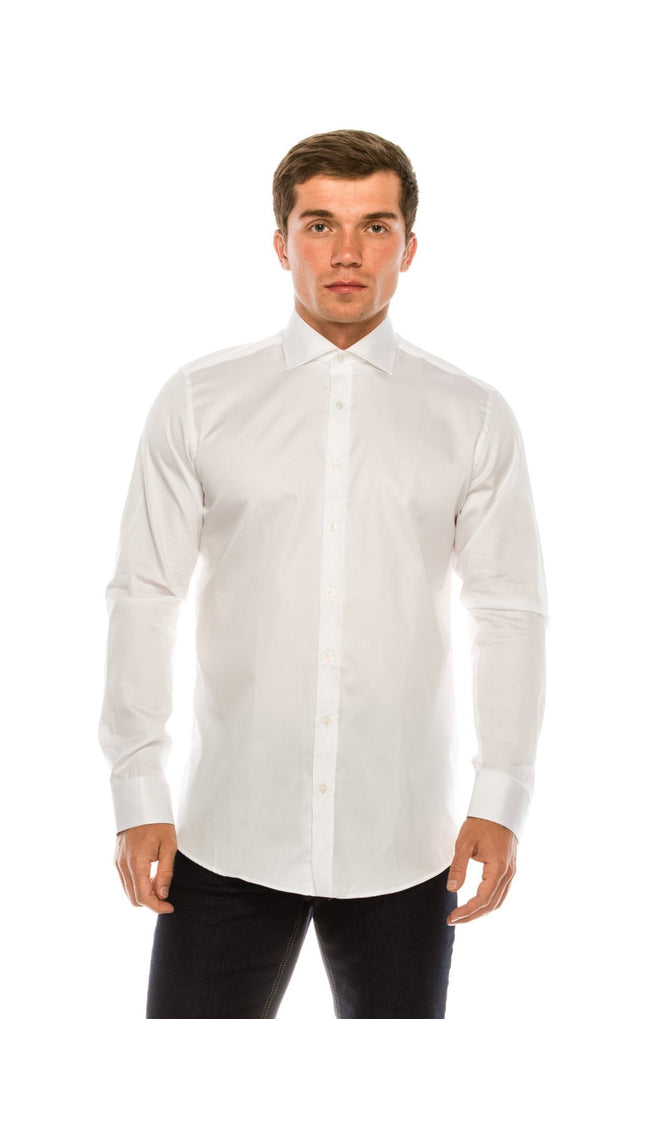 Pure Cotton Spread Collar Fitted Dress Shirt - Optic White - Ron Tomson