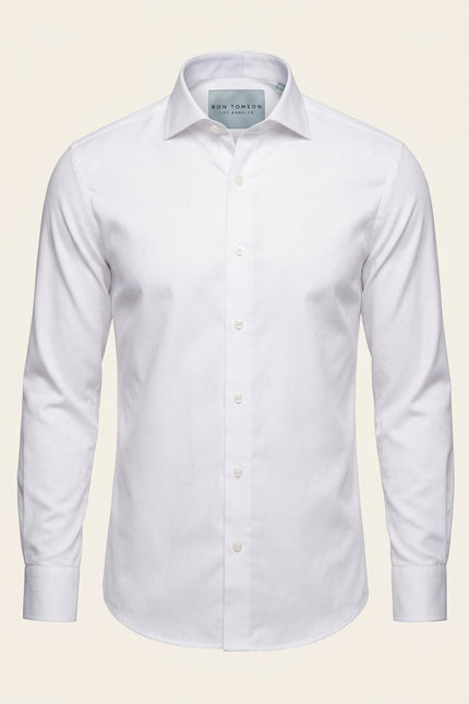 Pure Cotton Spread Collar Fitted Dress Shirt - Optic White - Front