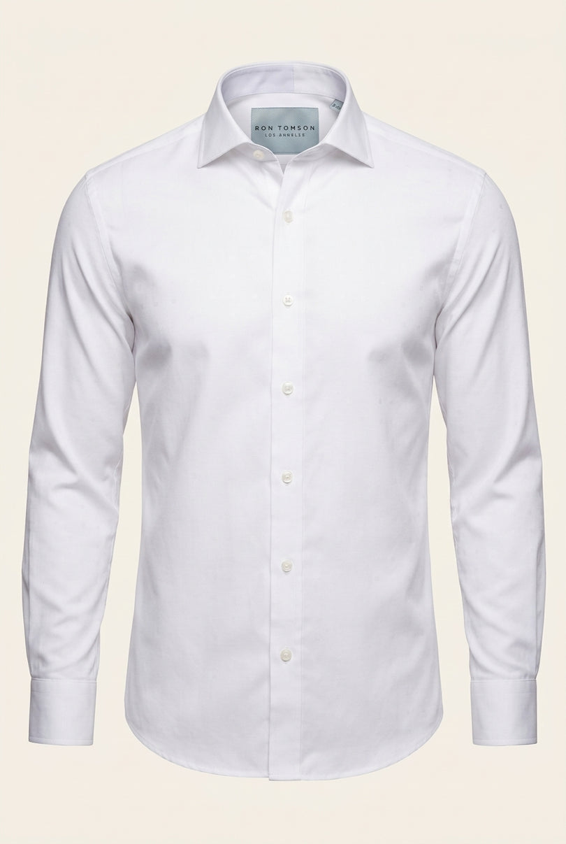 Pure Cotton Spread Collar Fitted Dress Shirt - Optic White - Front
