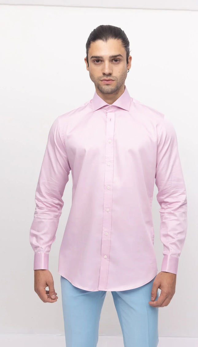 Pure Cotton Spread Collar Fitted Dress Shirt - Pink - Ron Tomson