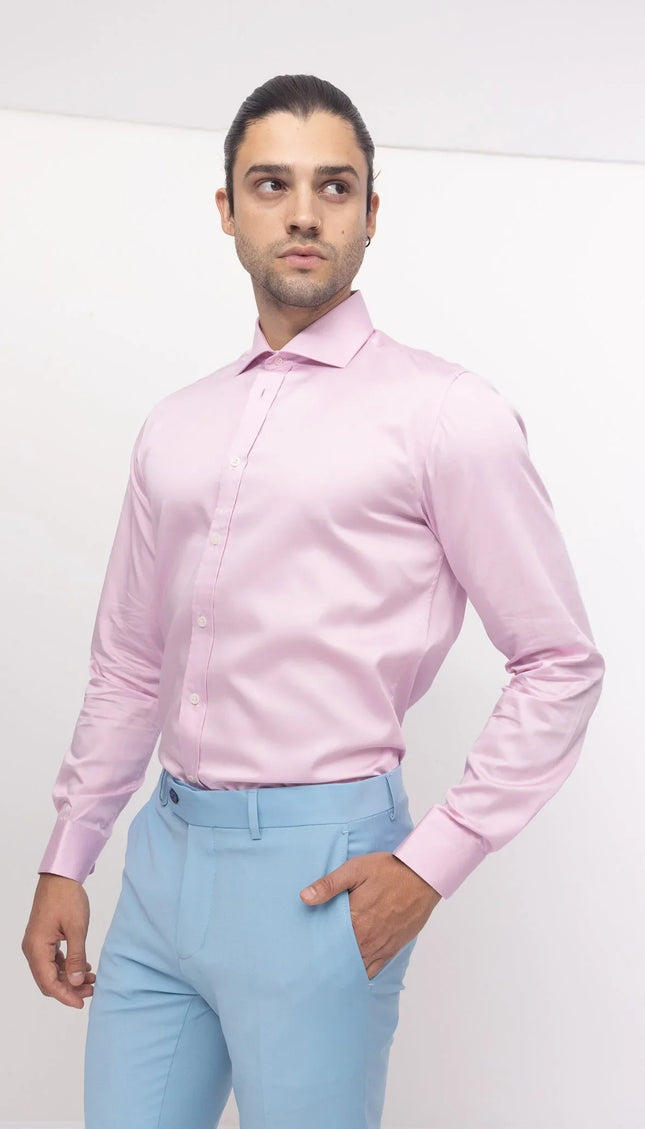 Pure Cotton Spread Collar Fitted Dress Shirt - Pink - Ron Tomson