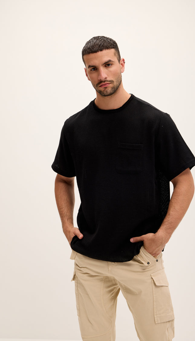 Pure Cotton Textured Oversized T-shirt - Black - Ron Tomson
