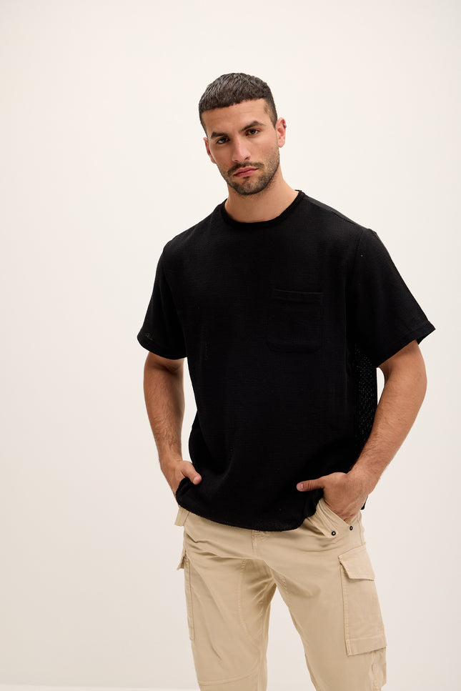 Pure Cotton Textured Oversized T-shirt - Black - Ron Tomson