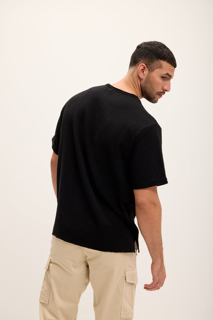 Pure Cotton Textured Oversized T-shirt - Black - Ron Tomson