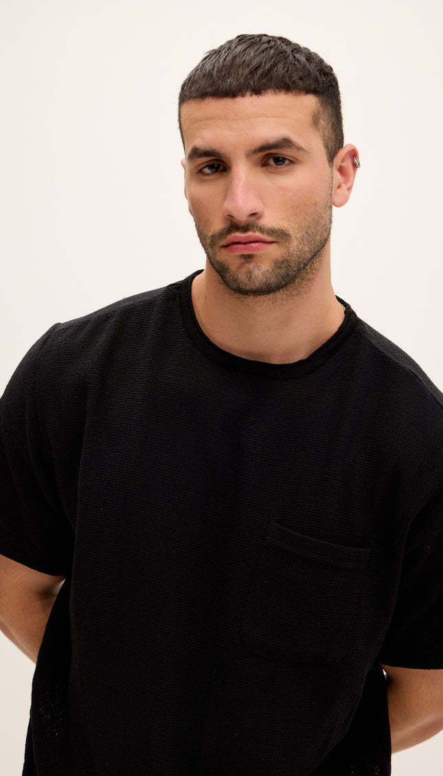 Pure Cotton Textured Oversized T-shirt - Black - Ron Tomson