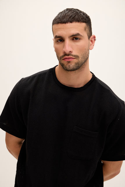 Pure Cotton Textured Oversized T-shirt - Black - Ron Tomson