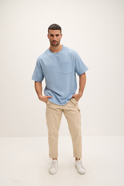 Pure Cotton Textured Oversized T-shirt - Blue - Ron Tomson