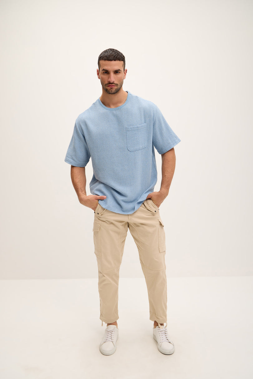 Pure Cotton Textured Oversized T-shirt - Blue - Ron Tomson