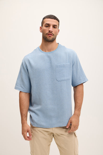 Pure Cotton Textured Oversized T-shirt - Blue - Ron Tomson