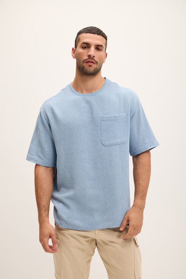 Pure Cotton Textured Oversized T-shirt - Blue - Ron Tomson