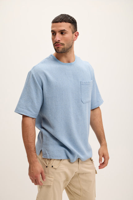 Pure Cotton Textured Oversized T-shirt - Blue - Ron Tomson