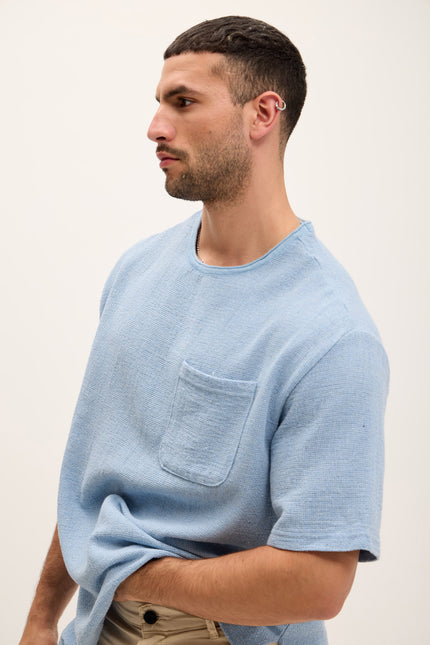 Pure Cotton Textured Oversized T-shirt - Blue - Ron Tomson