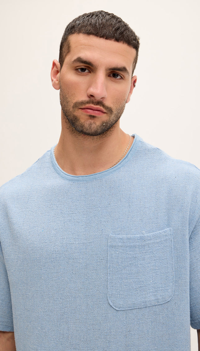 Pure Cotton Textured Oversized T-shirt - Blue - Ron Tomson